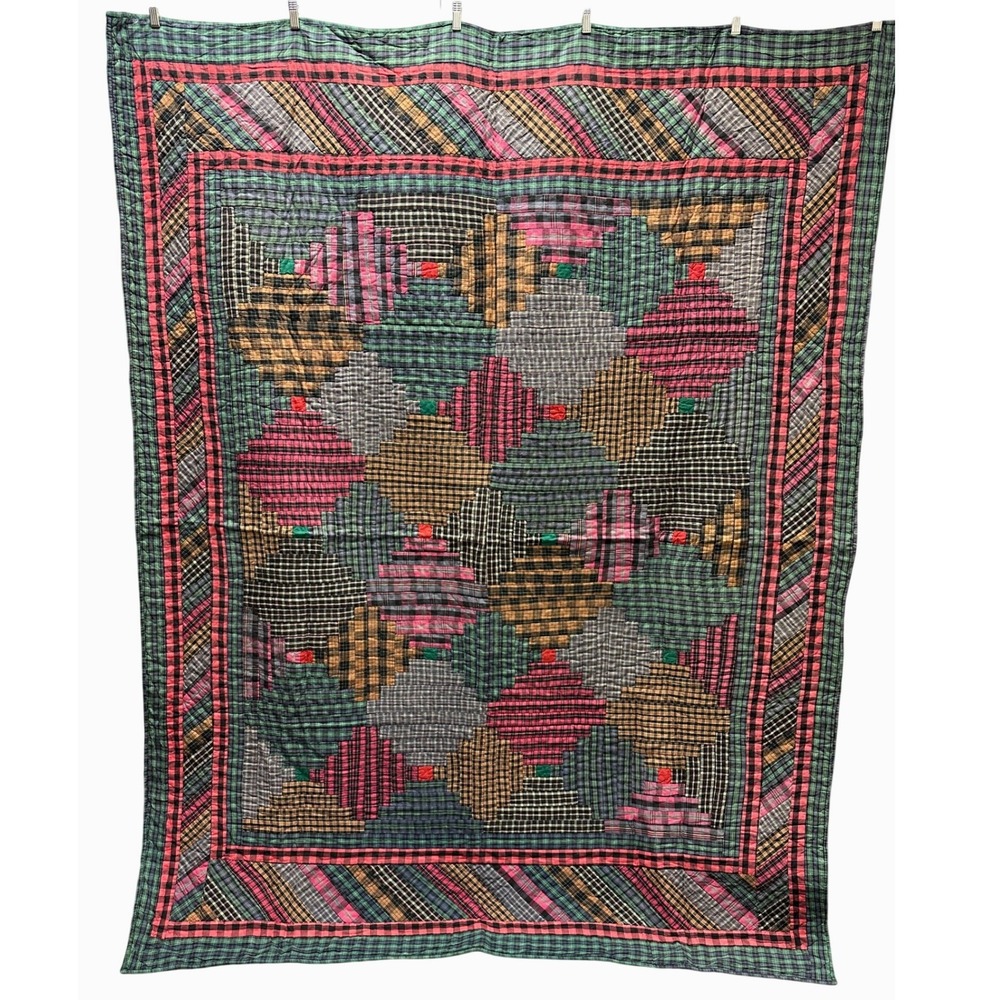 Vintage Impressions Colorful Cabin Patch Work Plaid Quilt 77"x 60"